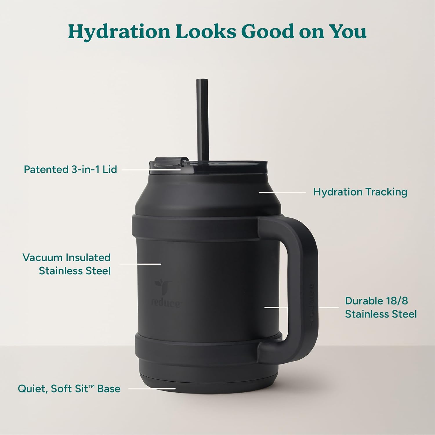 REDUCE Reusable 50 oz Cold1 Water Tumbler – Ergonomic Handle – Double-Wall Insulation – Sturdy Desktop/Tabletop Mug with Lid and Straw – BPA-Free – Stainless Steel for Gym, Home, or Office– Phantom - Image 4