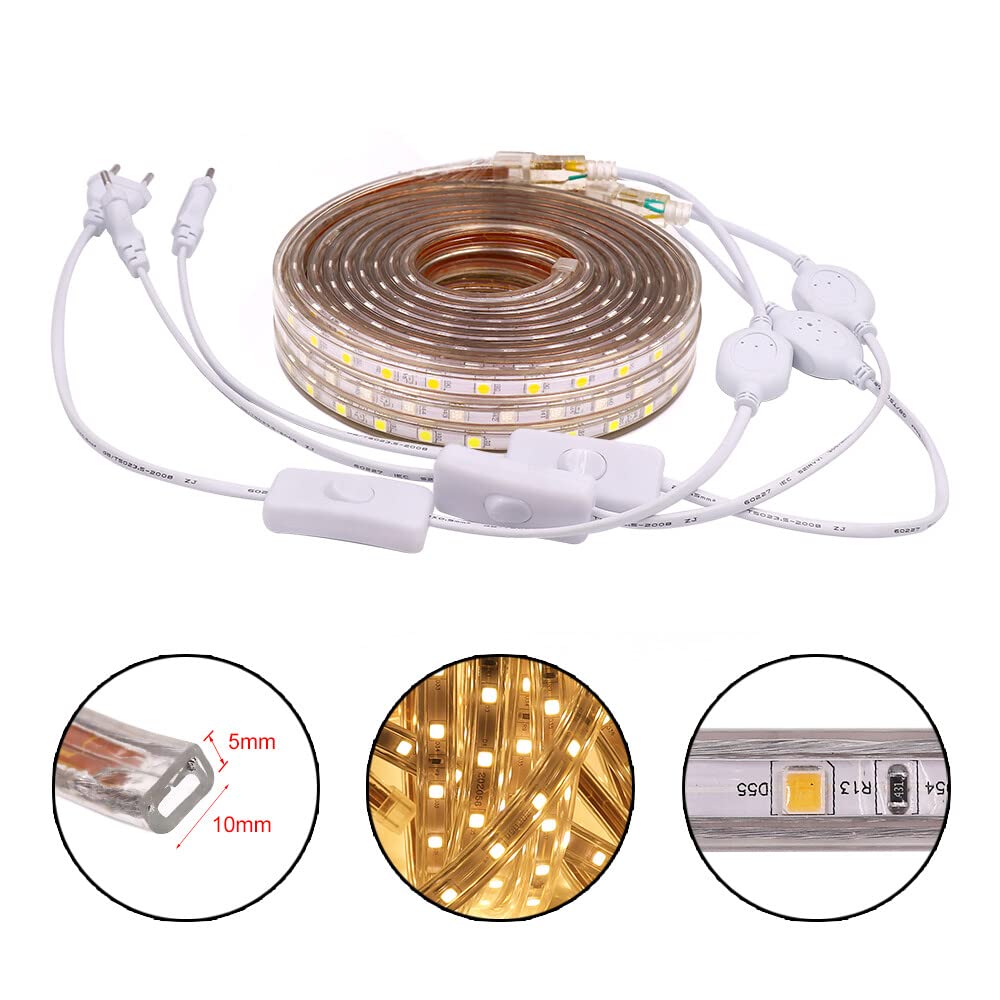 LED Strip mit Schalter 230V, LED Streifen IP65 Wasserdicht Flexibel LED Lichtband Schlauch für Schlafzimmer, Schrank,Haus,Küche, Dekoration (Warmweiß, 20M)