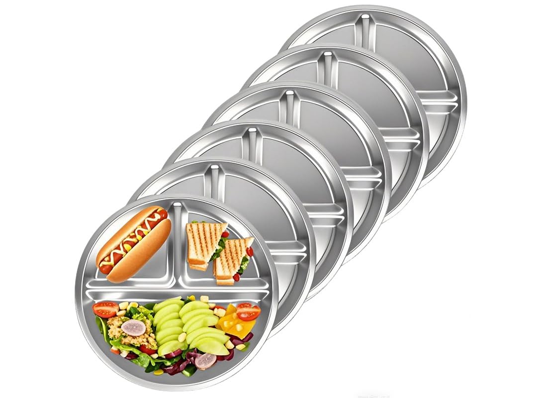 Sprigold 304 Stainless Steel Dinner Plates 6 Pack, 9.05’’Round Control Plate Divided Plates, Ideal for Children,Adults, Lunch Tray,Camping Food Tray Dishwasher-Safe (6, 9.05'' Round)