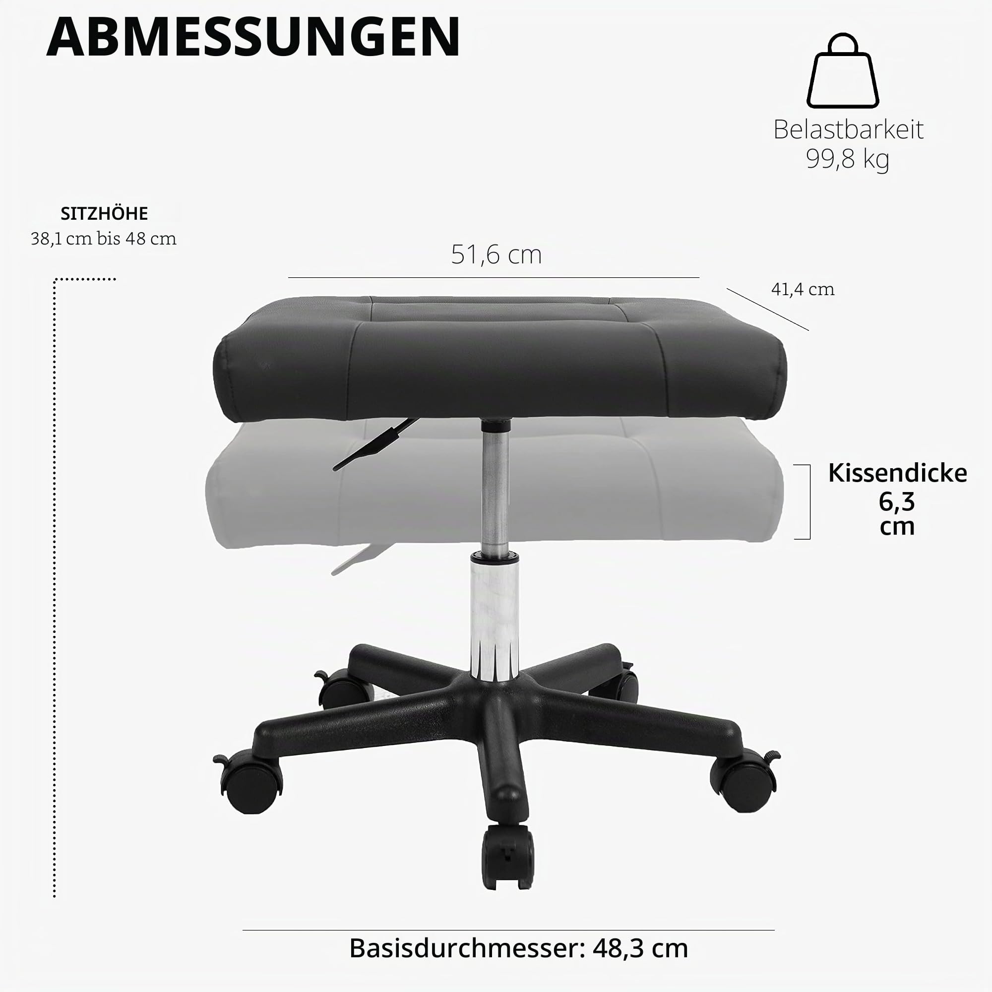 VIVO Mobile Fußstütze mit Rollen, Ergonomische Rollhocker Beinstütze für Arbeitskomfort, Höhenverstellbarer Computer-Schreibtischhocker mit dicker Polsterung, Bürositz, Schwarz, CHAIR-S04F | Roll-Ottomane, pneumatische Höhenverstellung, gepolsterter Fußho