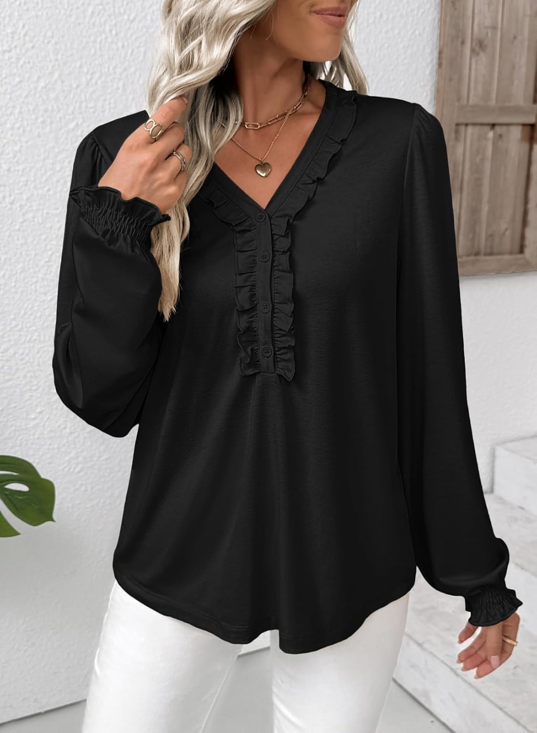 EVALESS Long Sleeve Shirts for Women Cute Ruffled V Neck Tops for Women 2025 Basic Blouses Fall Outfits Fashion Clothing - Image 3
