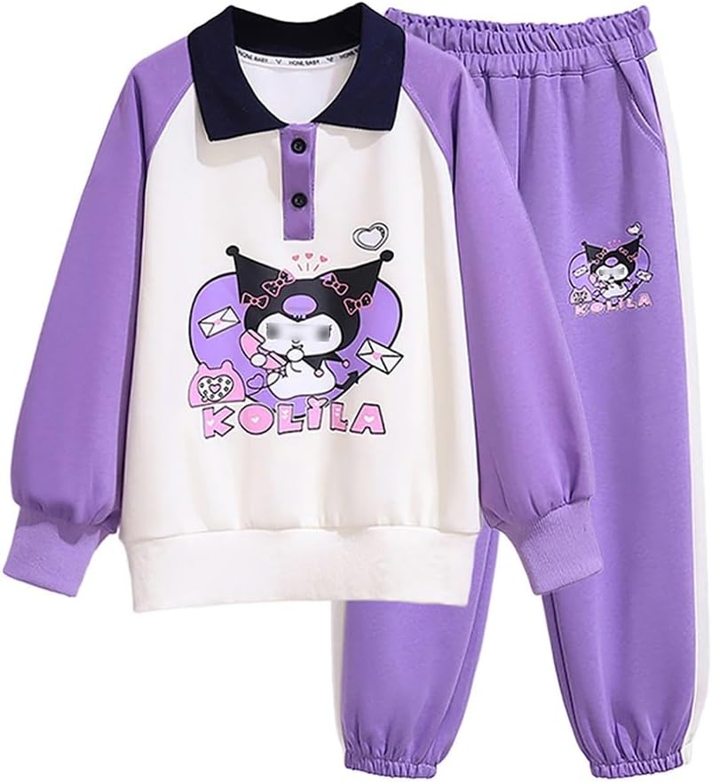 Cartoon Girls 2 Piece Outfits Sweatsuit Long Sleeve Polo Collar Sweatshirt Sweatpants Jogger Set Activewear Tracksuit