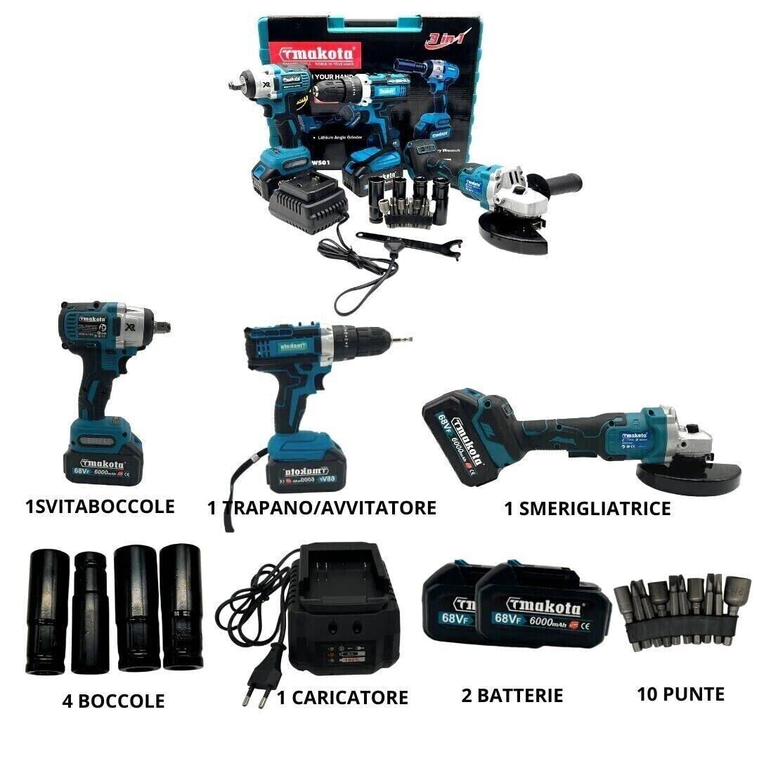 KIT 3in1 Trapano Avvitatore e Smerigliatrice a batteria 68V, trapano ad impulsi svita bulloni flex professionale portatile con motore brushless, valigetta inclusa