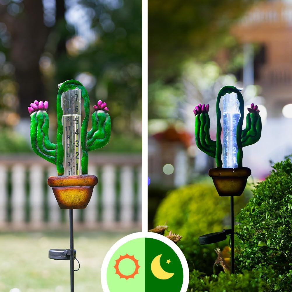Stargarden Pluviometro solare per esterni, a forma di cactus, a energia solare, 17,8 cm, con paletto in metallo, misura decorativa per prato, patio, cortile, giardino