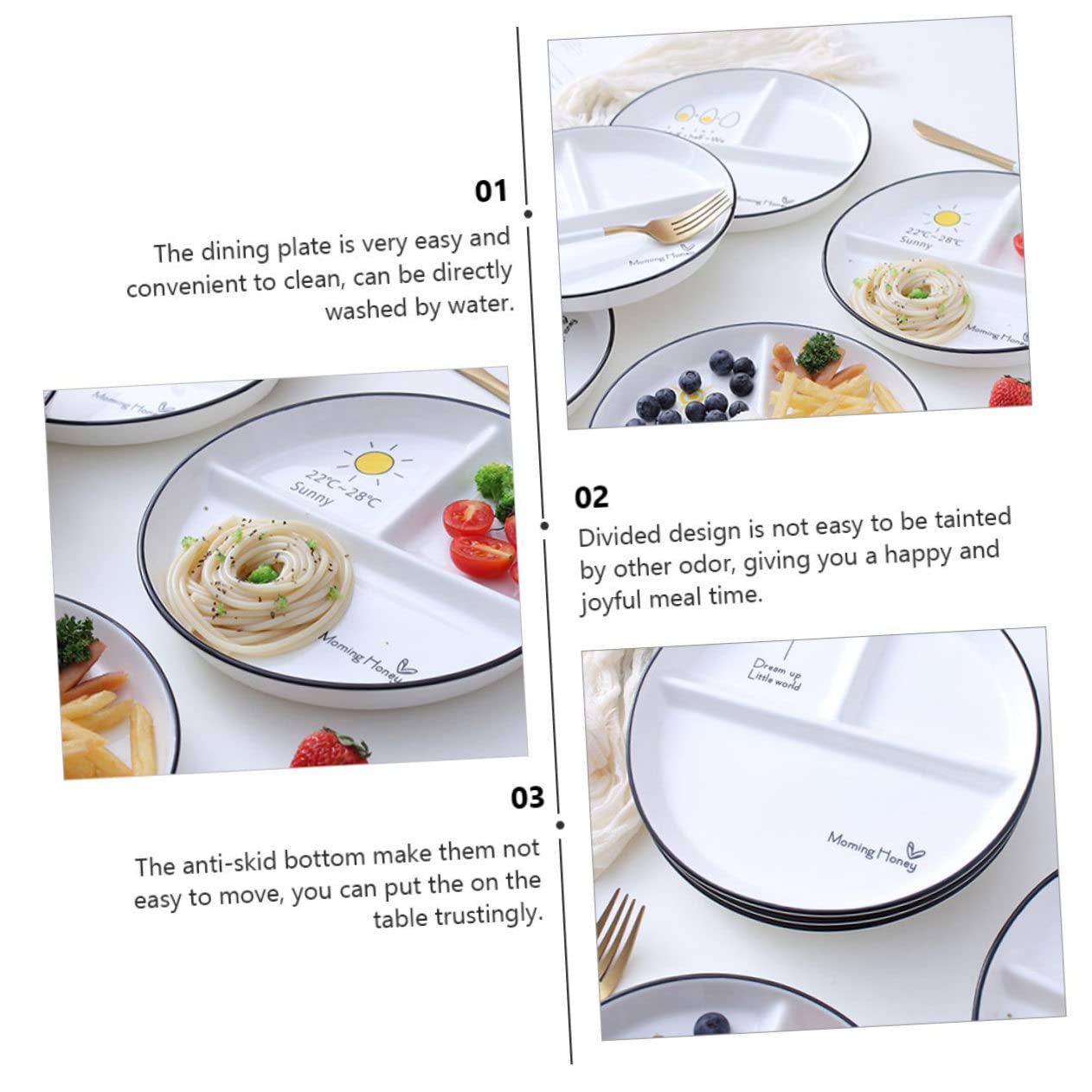 Assiette Compartimentée à 3 Compartiments en Céramique, Lot de 2