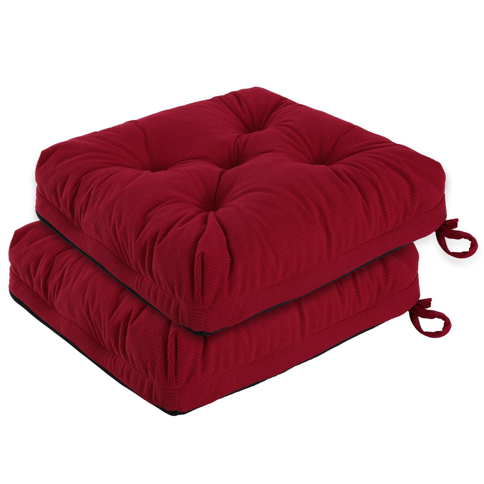 PRIMEPATIO Chair Cushions for Dining Chairs Set of 2, Tufted Overstuffed Textured Booster Foam Chair Pad with Ties and Non-Slip, 8cm Thick Seat Cushions for Kitchen, Garden, 50x50cm, Red