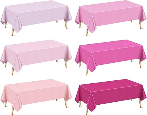 Mantel rectangular serie rosa de 6 piezas, 54 x 72 pulgadas, color sólido, impermeable y a prueba de derrames, mantel de plástico desechable