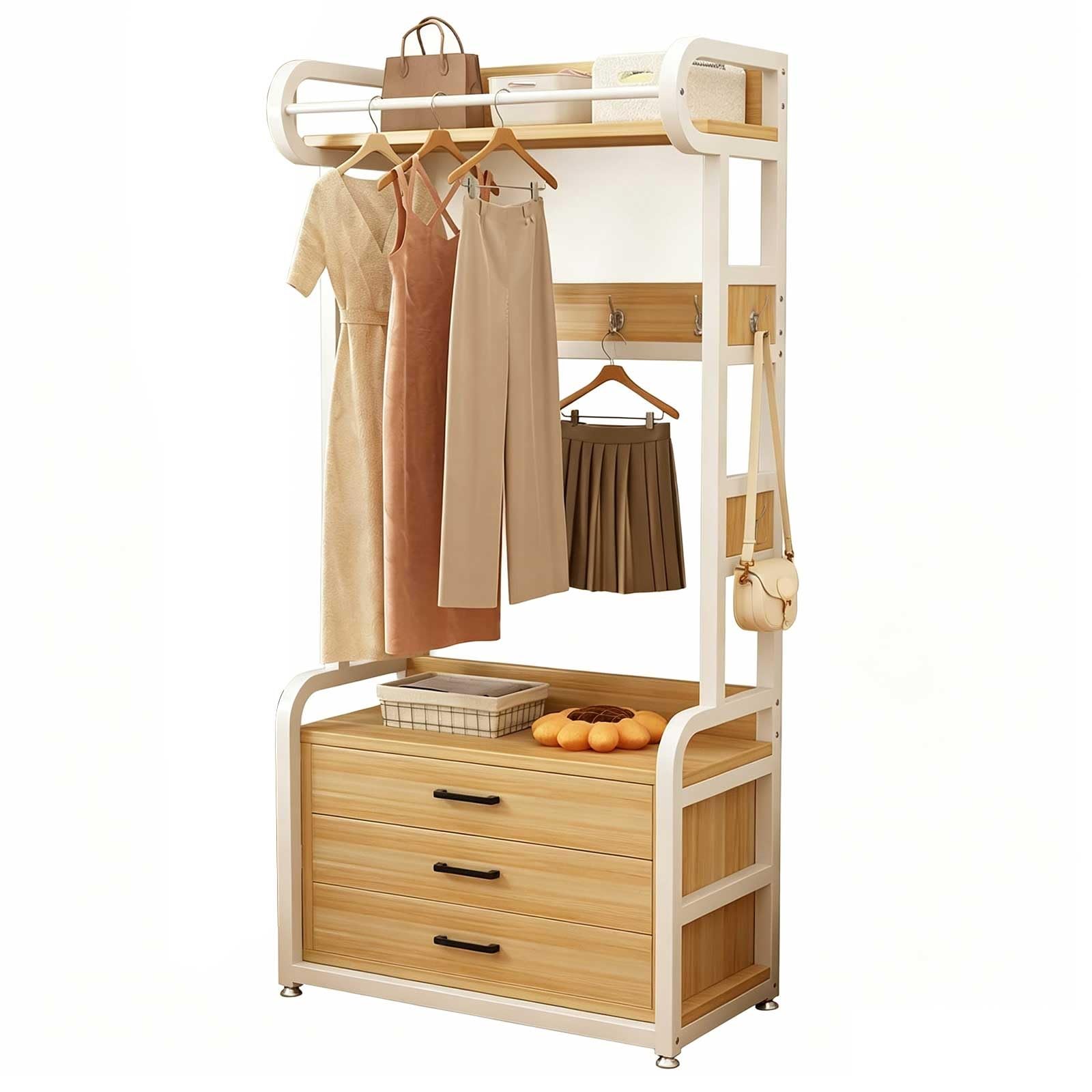 KIBONCY Freestanding Clothing Rack with 2 Drawers & Hooks, Wood Top Garment Rack with Storage Shelf for Bedroom, Entryway, Closet(B1,100CM)