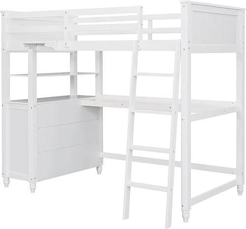 Miniatura 95 de Quarte Cama alta multifuncional, cama alta tamaño matrimonial con escritorio integrado y estantes de almacenamiento, dos cajones y escalera de