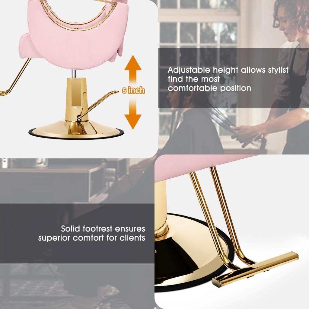Artist hand Pink Salon Chair, Reclining Barber Chair with Heavy Duty Hydraulic Pump, 360 Degree Swivel Haircutting Styling Braiding for Hair Stylist, Max Load 440 Lbs, Pink and Gold