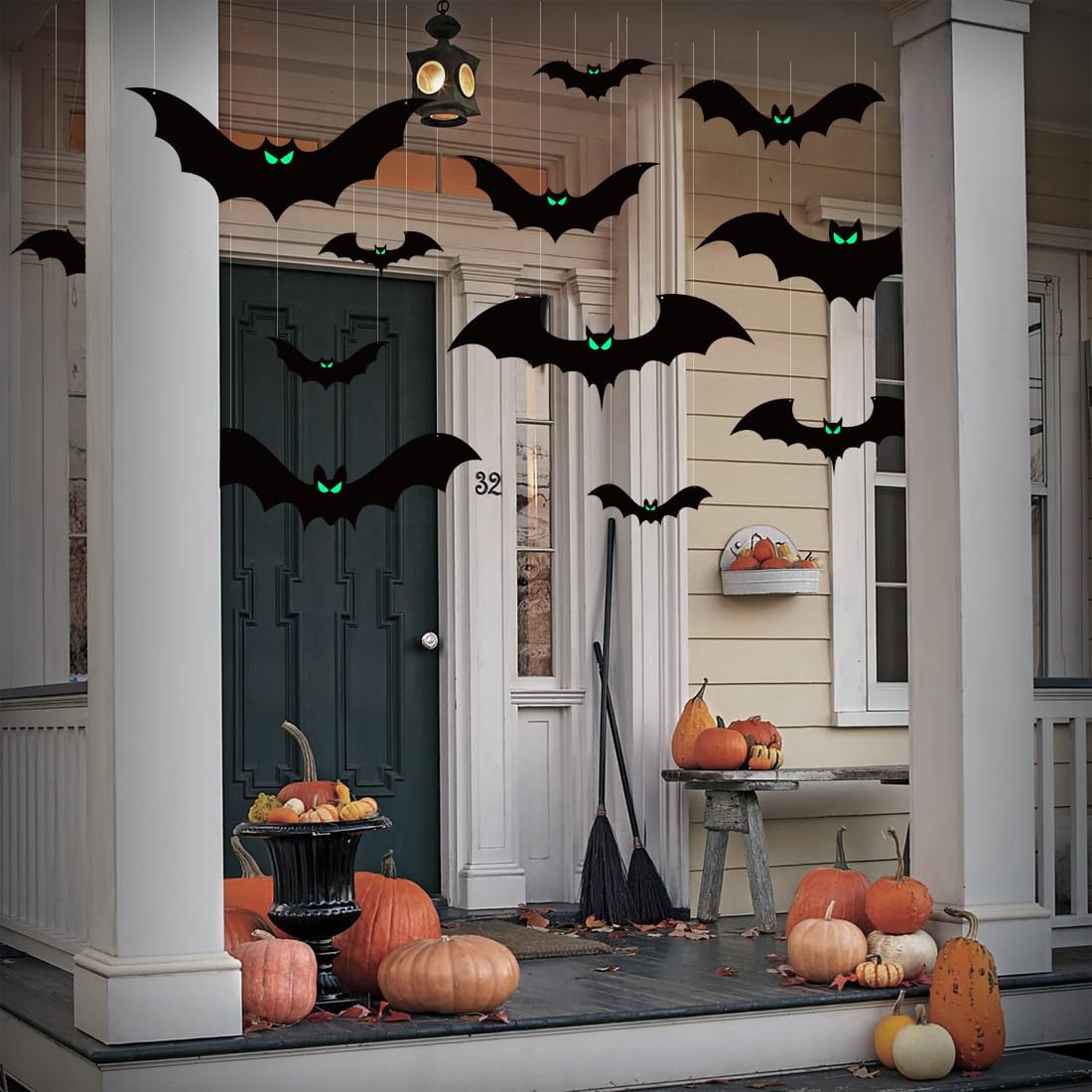 Wiszące nietoperze na Halloween, dekoracje na zewnątrz, duże latające nietoperze ze świecącymi oczami na Halloween, wiszące dekoracje na zewnątrz, 16 szt
