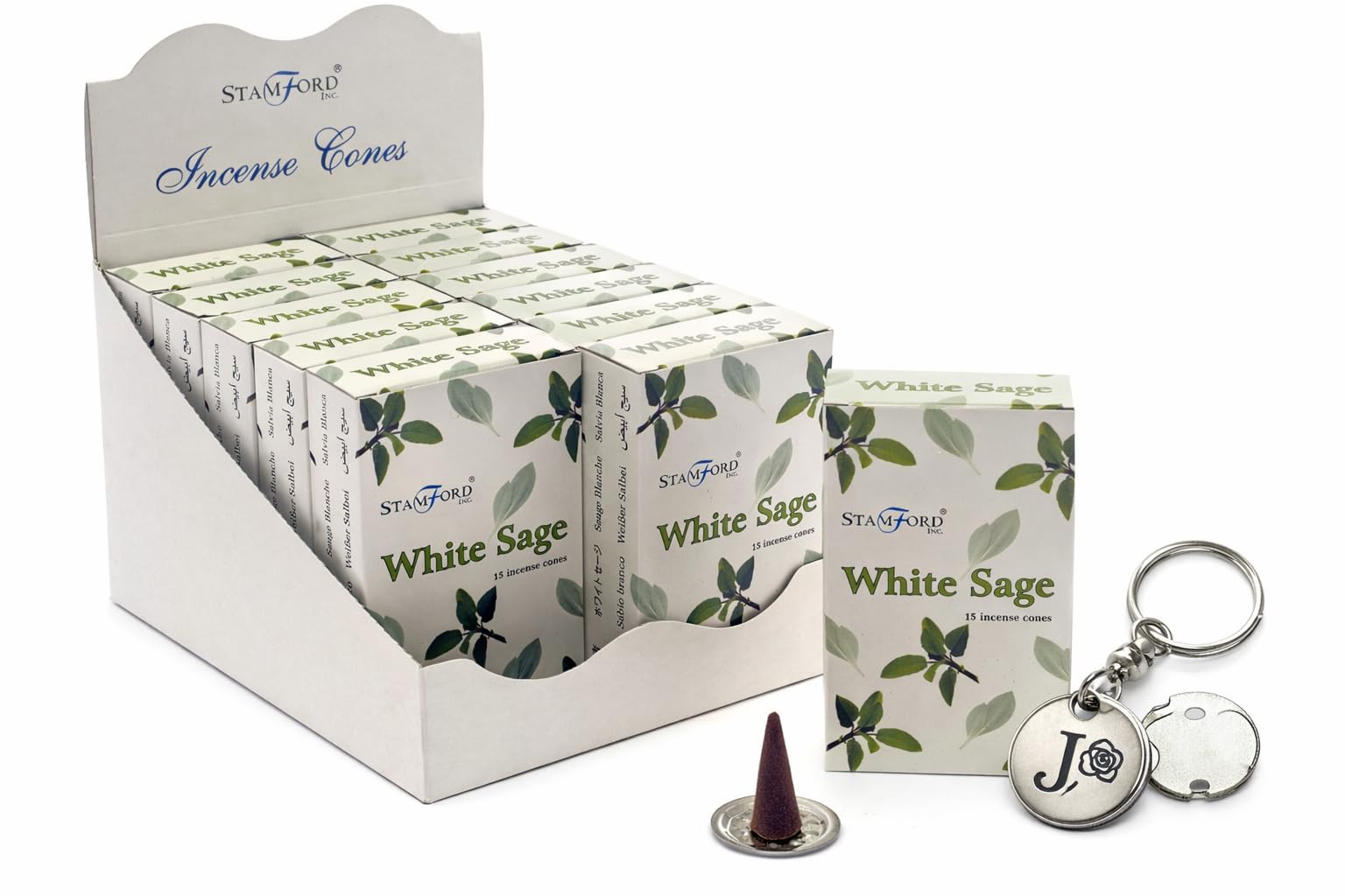 Stamford White Sage Incense Cones 12 Pack Set, 15 Cones Each, Herbal Fresh Aroma, Room Fragrance Cones with JRose Trolley Coin Keychain