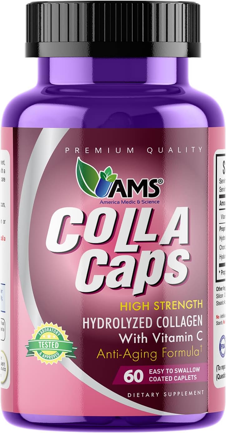 America Medic & ScienceColla Caps (60 Caplets) | Collagen and Hyaluronic Acid Supplement with Vitamin C | for Men and Women | Repairs and Restores Skin Elasticity | Promotes Healthy Hair Growth