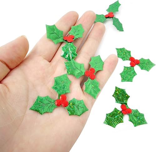 Miniatura 6 de Honbay 100 piezas de hojas de acebo brillantes de Navidad, pequeñas hojas verdes de acebo y bayas rojas, apliques de confeti, adornos de tela láser