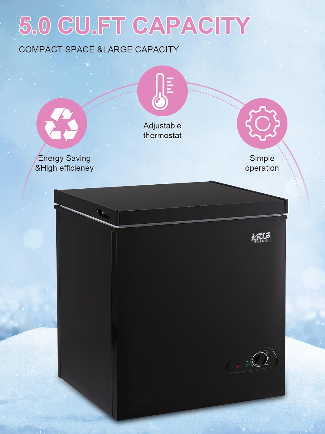 KRIB BLING 5.0 cu.ft Compact Chest Freezer in black.