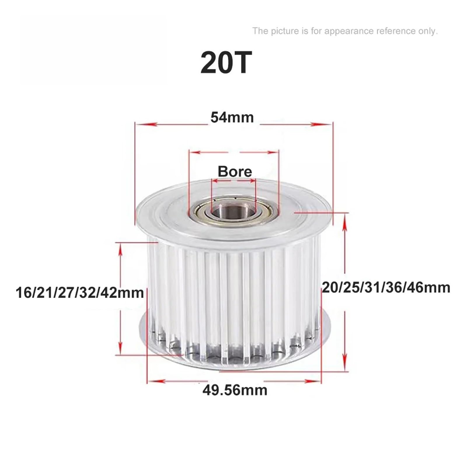 Polea de 1 pieza HTD8M 15 dientes 16 20 dientes tensor polea de inversión agujero 5 mm-17 mm con rodamiento para correa dentada HTD 8M Ancho 15/20/25/30/40 mm (16T Bore 5 mm, con teeth,21 mm (para