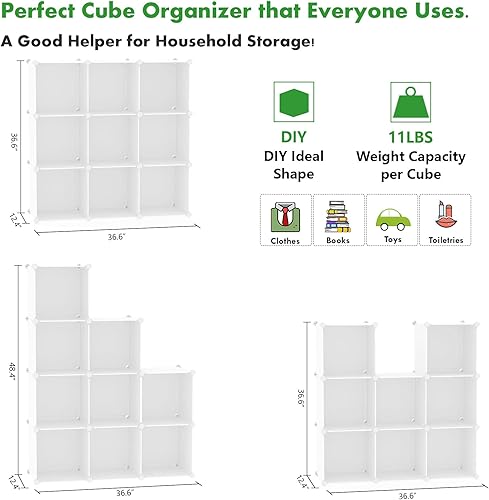 Miniatura 2 de C&AHOME Almacenamiento en cubos, estantería de 9 cubos, organizador de gabinete de armario de plástico, estantería apilable de bricolaje