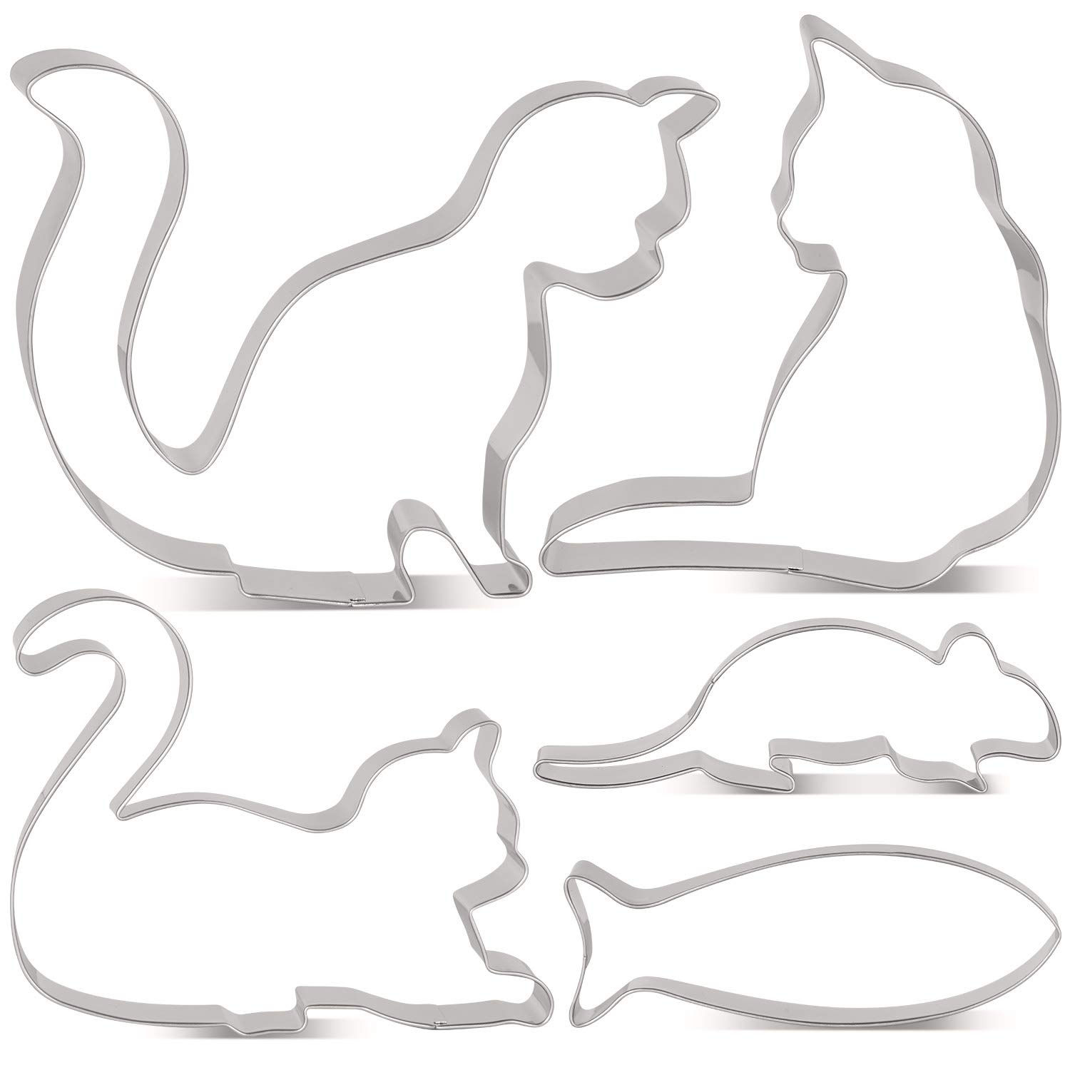LILIAOCat Cookie Cutter Set - 5 Piece - Curled Cat Sitting Cat Playing Cat Mouse and Fish Biscuit Fondant Cutters - Stainless Steel
