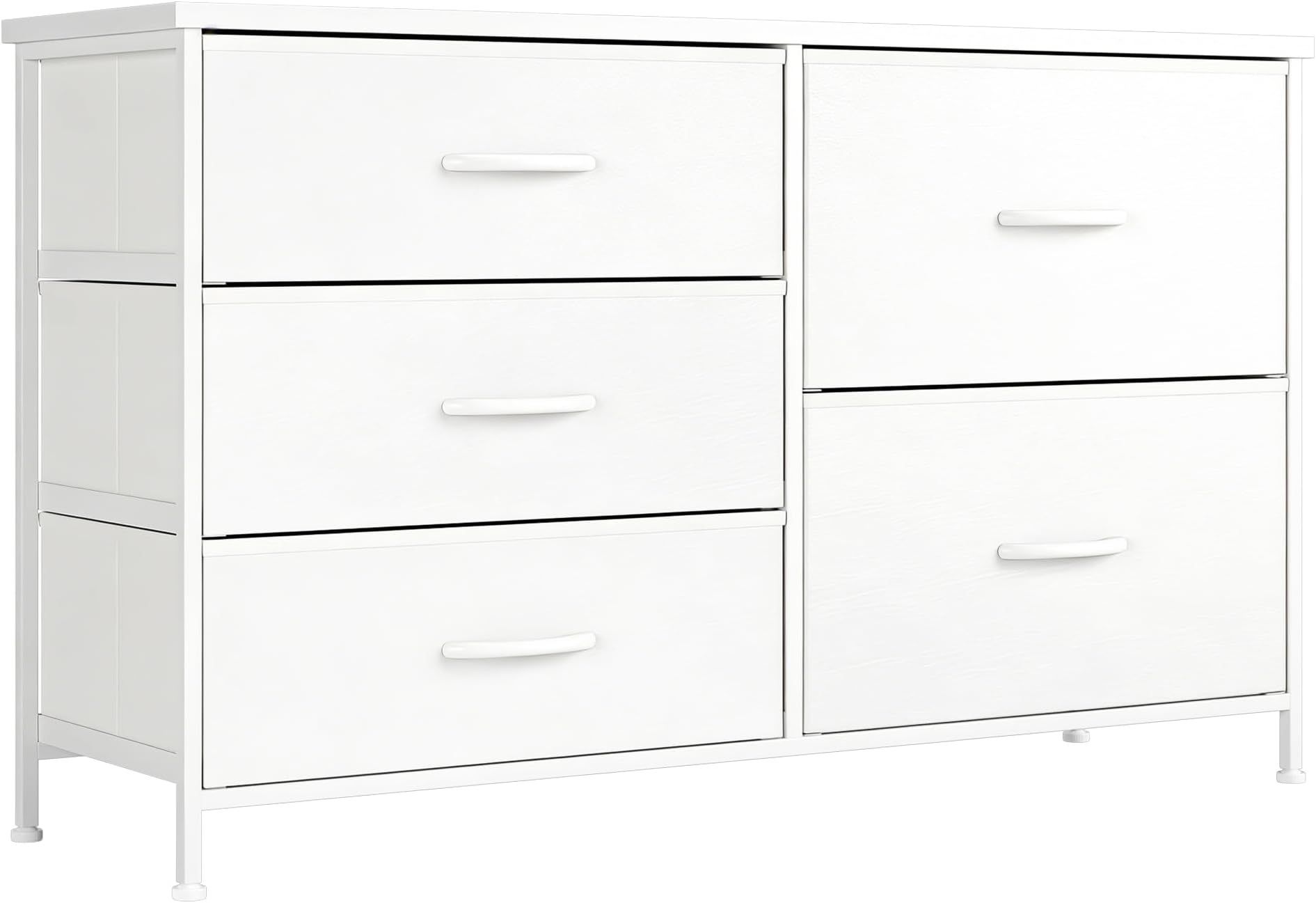 Nicehill White Dresser for Bedroom with 5 Drawers, Small Dresser for Kids' Bedroom, Closet, Wide Chest of Drawers with Fabric Storage Drawers, Wooden Top, Steel Frame, Modern, White