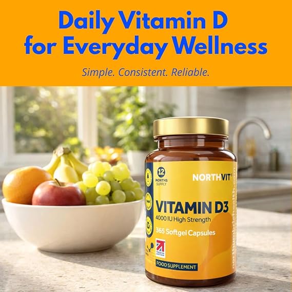 Vitamin D3 4000 IU Softgels – 365 Day Supply | High Strength Immune & Bone Support | Easy-to-Swallow | Gluten-Free | Made in UK