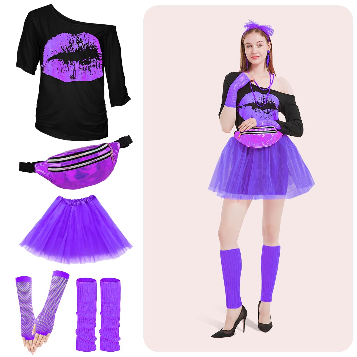 WILDPARTY 80s Fancy Dress for Women Lip Print T-shirt, Tutu Skirt, Leg Warmers, Necklace, Fishnet Gloves, Earrings - Image 7