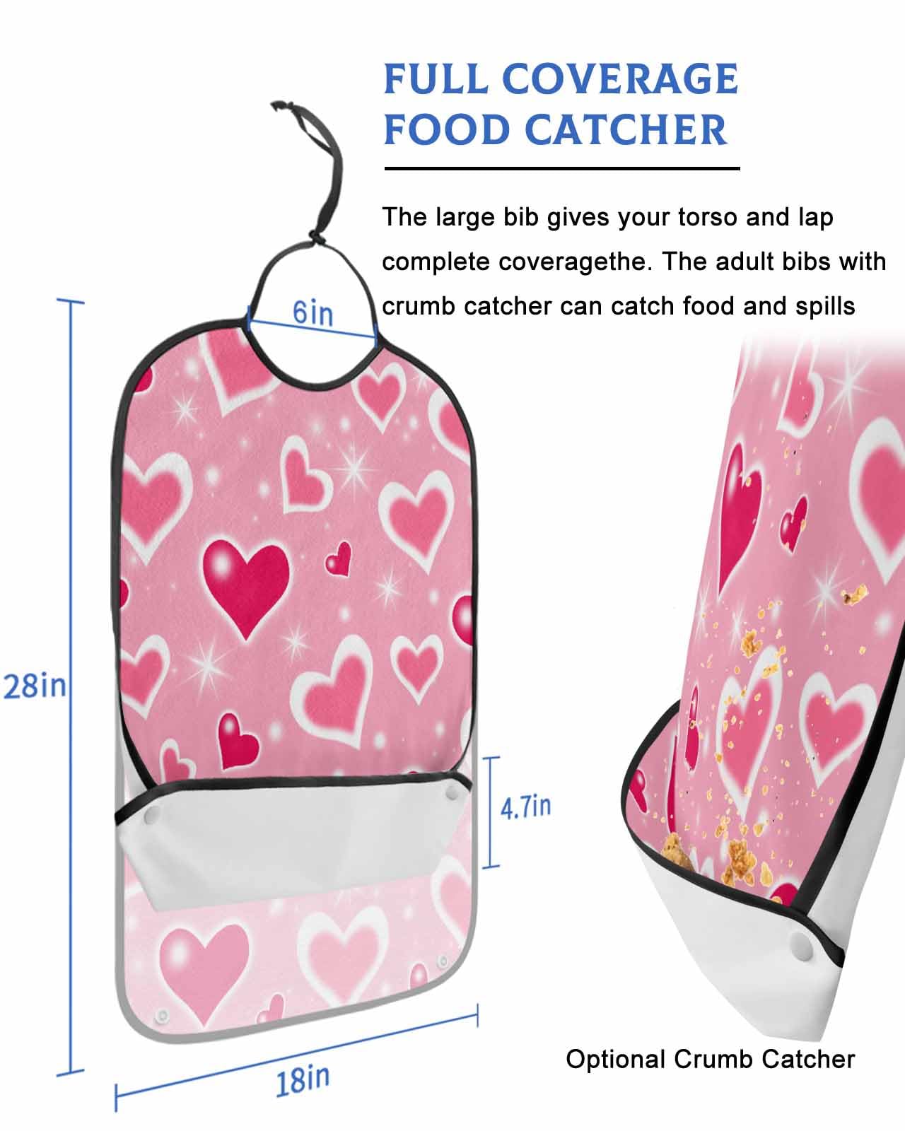 LEOKOTI Red Pink Valentines Adult Bibs for Eating, Waterproof Bibs with Food Catcher & Adjustable Snap Closure, Love Heart Pink Washable Clothing Protectors Adult Bibs for Elderly Women/Men