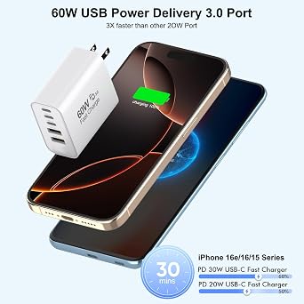 3 Pack Apple 17 Pro Max Charger Fast Charging,PD 60W 5 in 1 Multiport USB C Wall Charger Block Fast Charging, iPhone 16 Plug Cube Quick Charge for iPhone17 Air/16/16e/16 Pro/15Pro Max/14/13/12/11/iPad