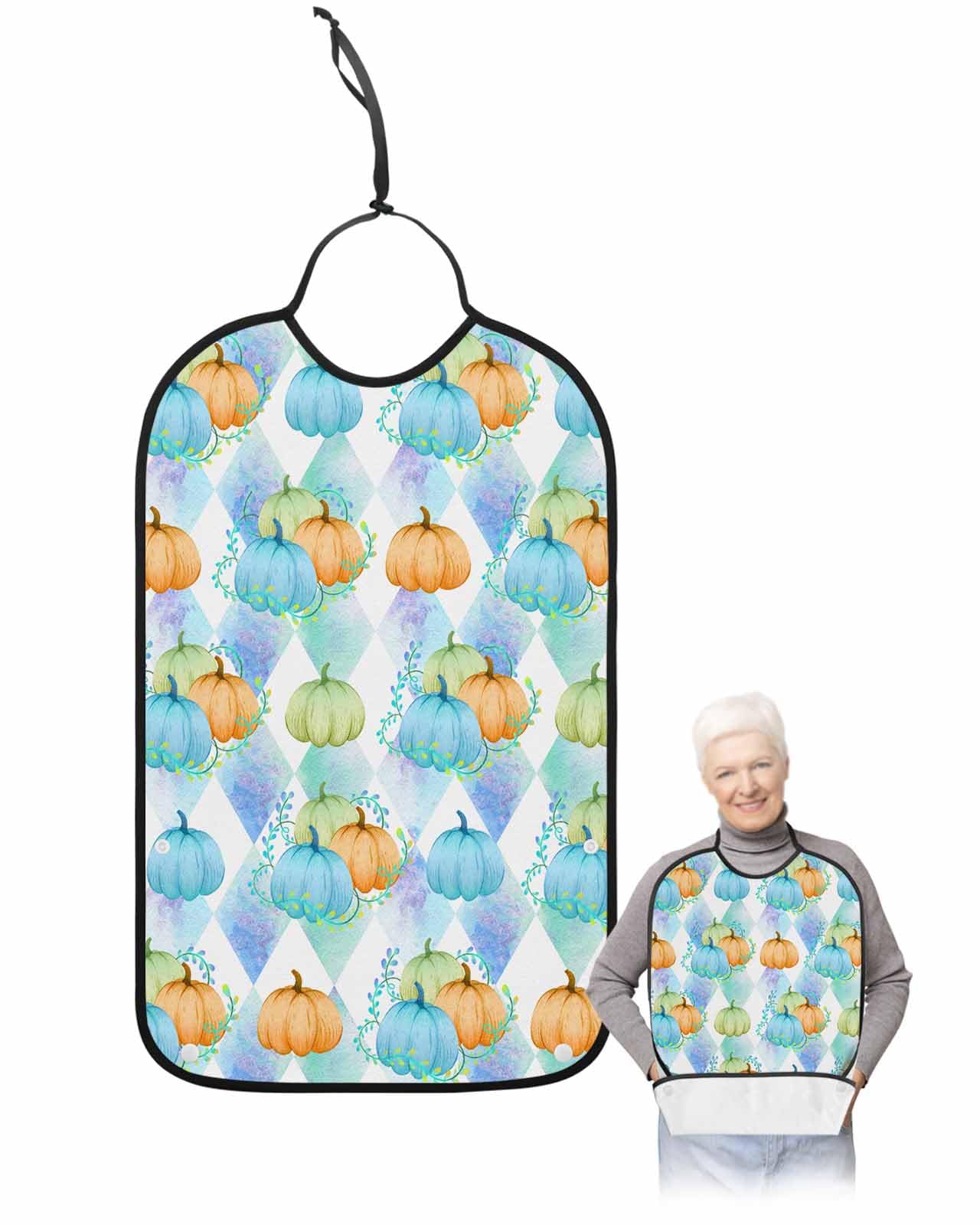 Adult Bibs for Eating, Thanksgiving Autumn Pumpkin Plants Watercolor Geometric Washable Elderly Adult Bibs for Men Women Large Reusable Adjustable Clothing Protector with Optional Crumb Catcher