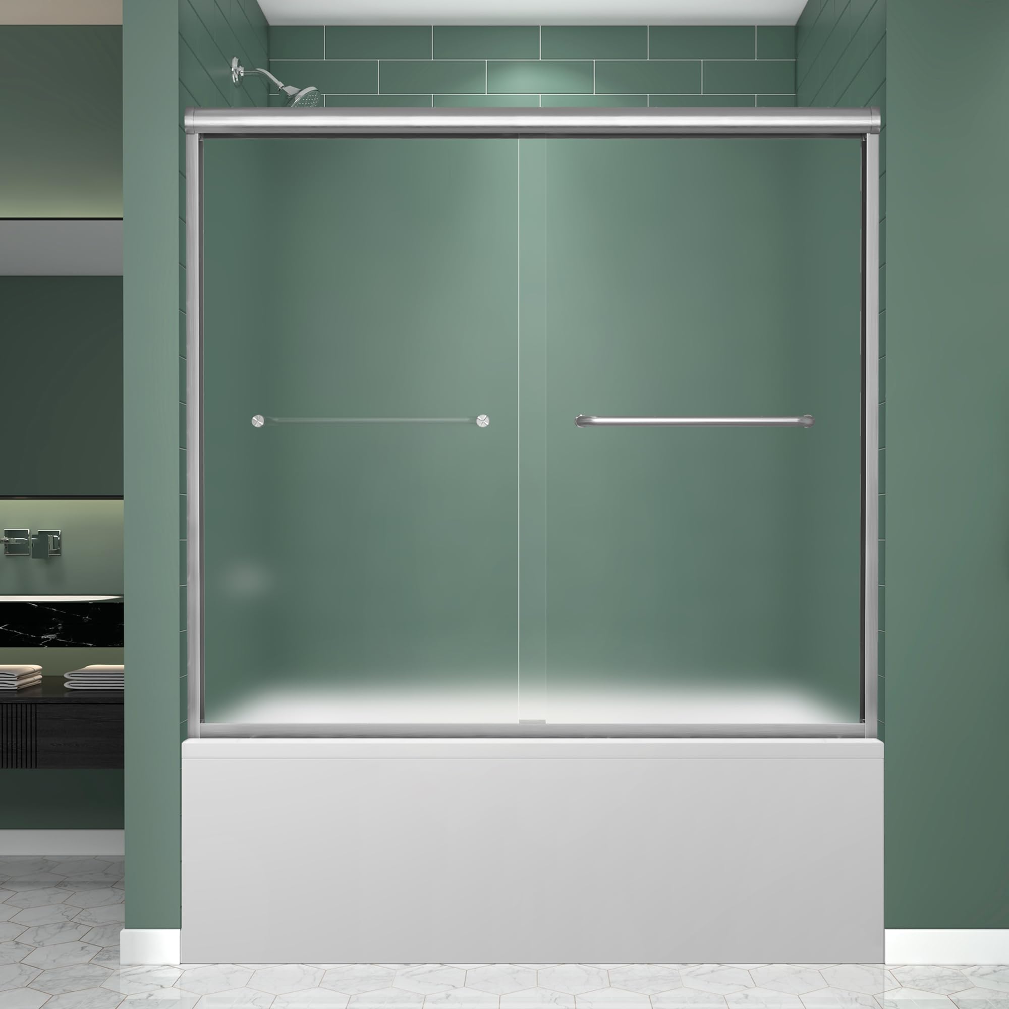 Frosted Tub Double Sliding Shower Door 55-55-60" W x 57" H, Brushed Nickel, Bathtub Door, Framed, 1/4" (6mm) Tempered Glass