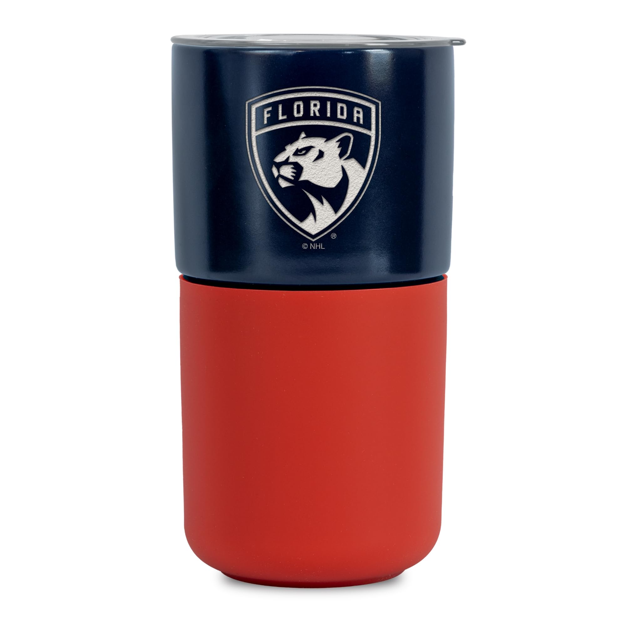Rico Industries NHL Florida Panthers 16 oz Ceramic Tumbler with Silicone Grip, Deep Laser Engraved, Navy and Red Colored Design with Slide Lid, Travel Coffee Mug, Matte Glaze