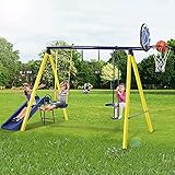 Metal Swing Set with Slide , Kids Swing Set Outdoor with Swing Glider,Basketball Hoop ,5 in 1 Outdoor Tolddler Swing Set for Backyard ,Multiple Kids Playground Swing Set for Boys, Girls,Blue & Yellow