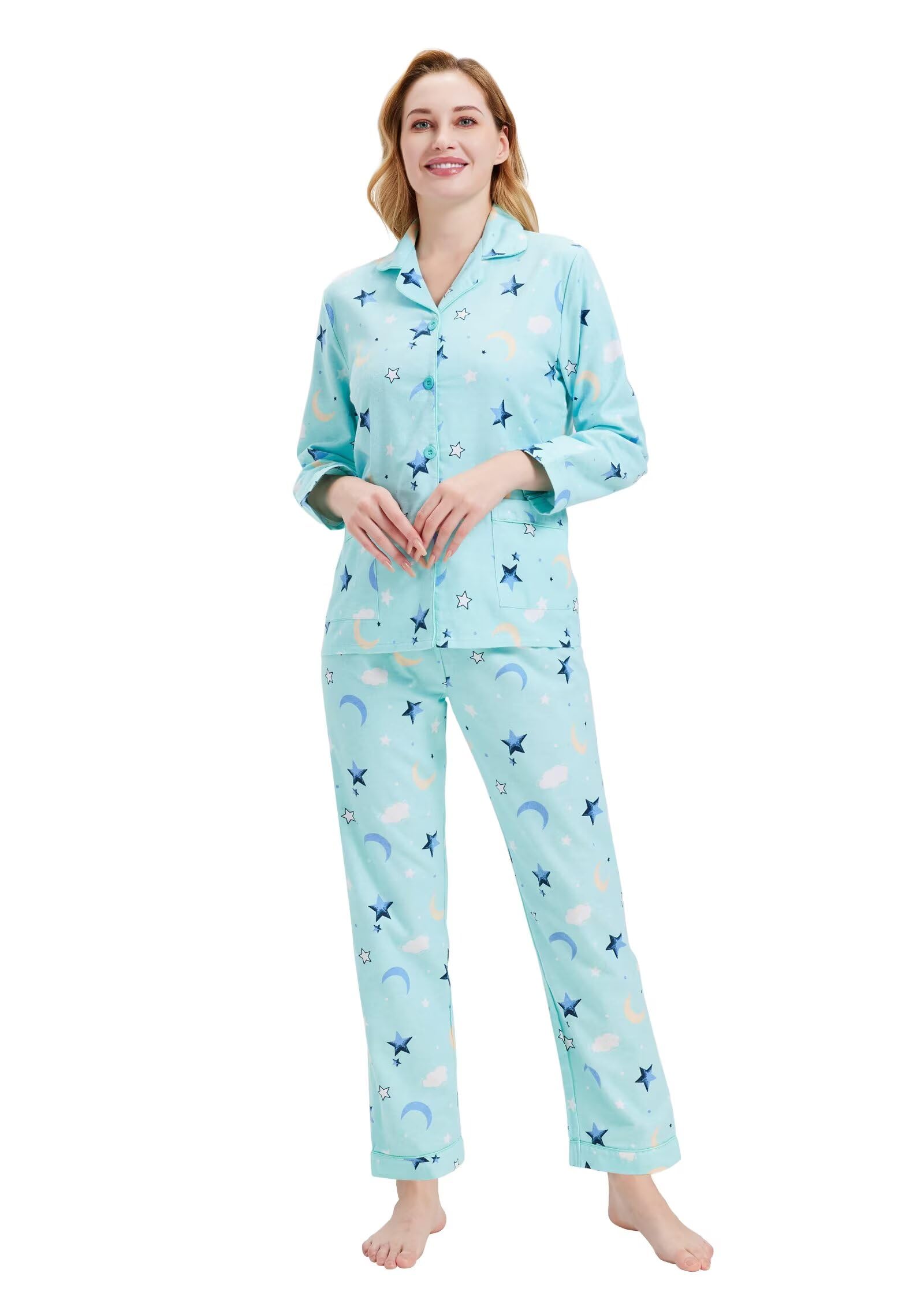 GLOBAL Women's Flannel Pajamas Set 100% Cotton PJs for Women Long Sleeve Button Drawstring Waist Warm Loungewear Sleepwear