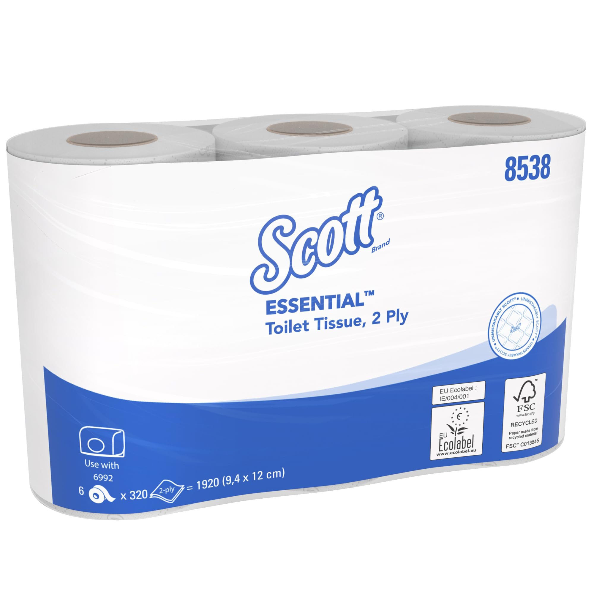 Scott Essential Toilettenpapier Standardgröße 8538, 2-lagiges Klopapier, weißes FSC-zertifiziertes WC-Papier, Standardgröße, 36 Rollen x 320 Blatt, (insg. 11.520 Blätter)