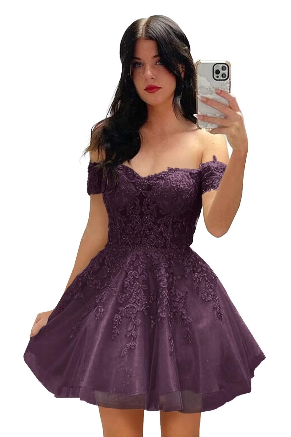 Basgute Vestidos cortos de encaje con apliques de encaje para adolescentes, tul con purpurina, hombros descubiertos, vestido formal de cóctel