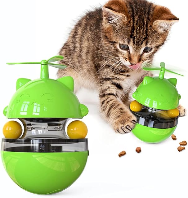 Interactive Cat Treat Toys Cat Puzzle Feeder Ball Toys,4 In 1 Interactive Puppy Food Dispenser Slow Snack Dispensing with Double Balls and Windmill Propeller,Pet Interactive Tumbler IQ Improving Toys