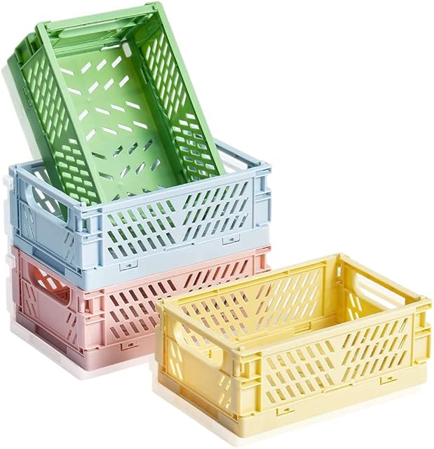 HALOULENI Mini Storage Baskets Foldable Plastic Basket Desk Crates Storage Box Stackable Table Basket Organizer for Classroom Bedroom Bathroom Office (Small)