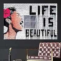 SIGNWIN Framed Canvas Wall Art Banksy Life is Beautiful Billie Holiday Graffiti & Street Art Famous People Pop Art Modern Urban Multicolor for Living Room, Bedroom, Office - 12x18 inches