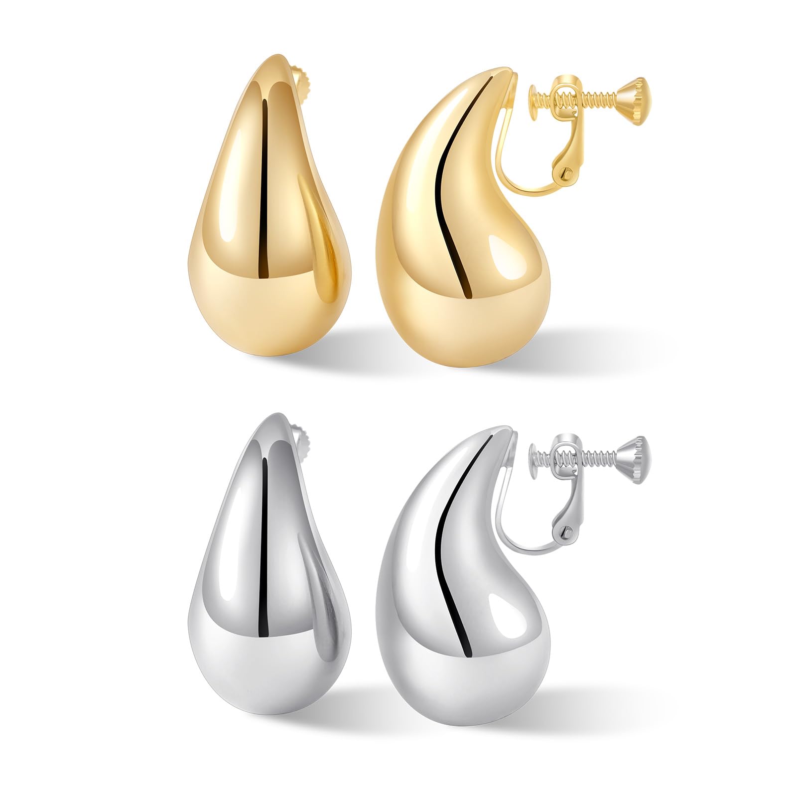 Gold Drop Clip On Earrings Dupes Teardrop Chunky Non Pierced Earring 14K Real Gold Plated Hypoallergenic Lightweight Earrings for Women（Gold and Silver）