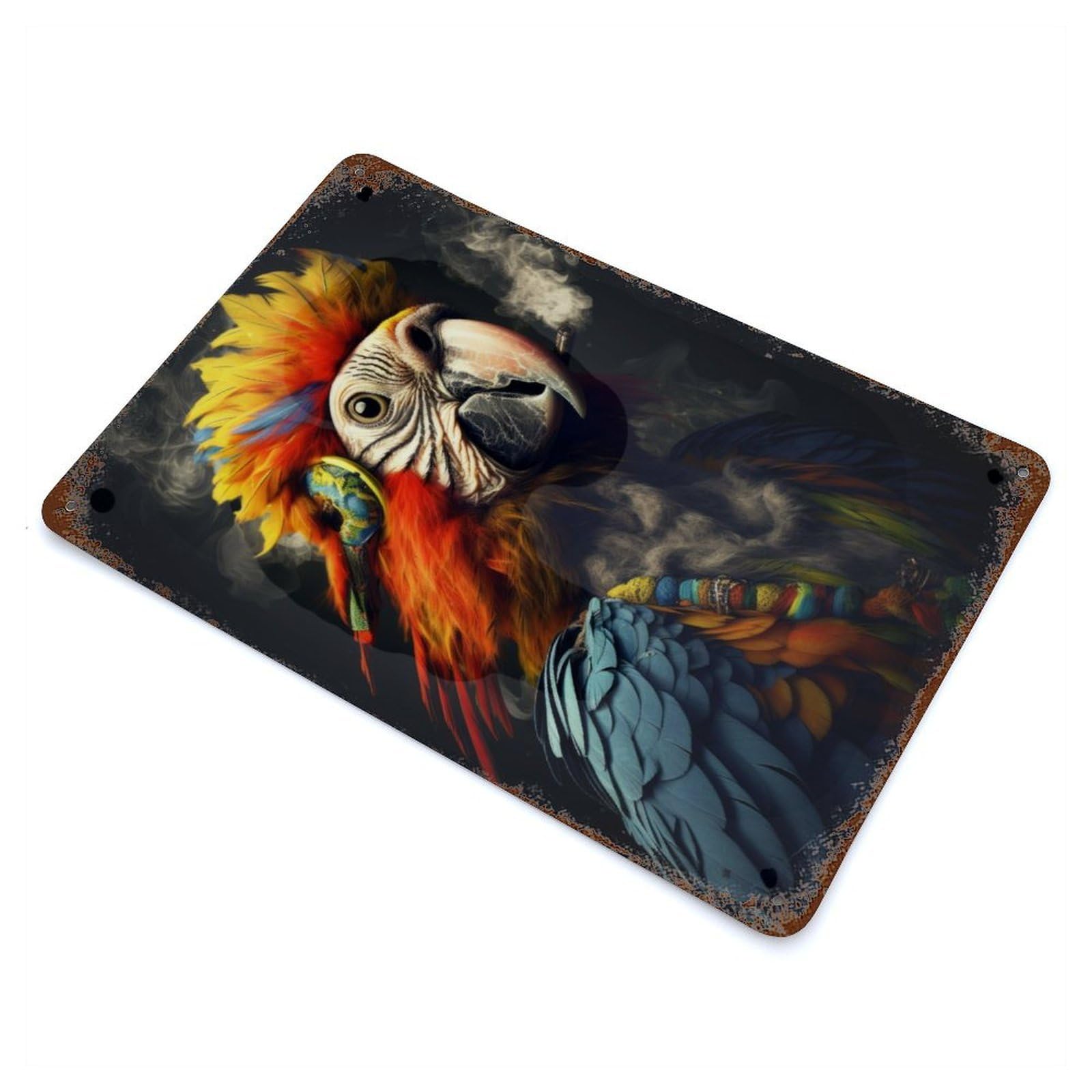 Garage Style Hippie Parrot Smoking Aged Metal Wall Plaque 11.8"x7.9", Farmhouse Wall Decor for Bar And Workshop