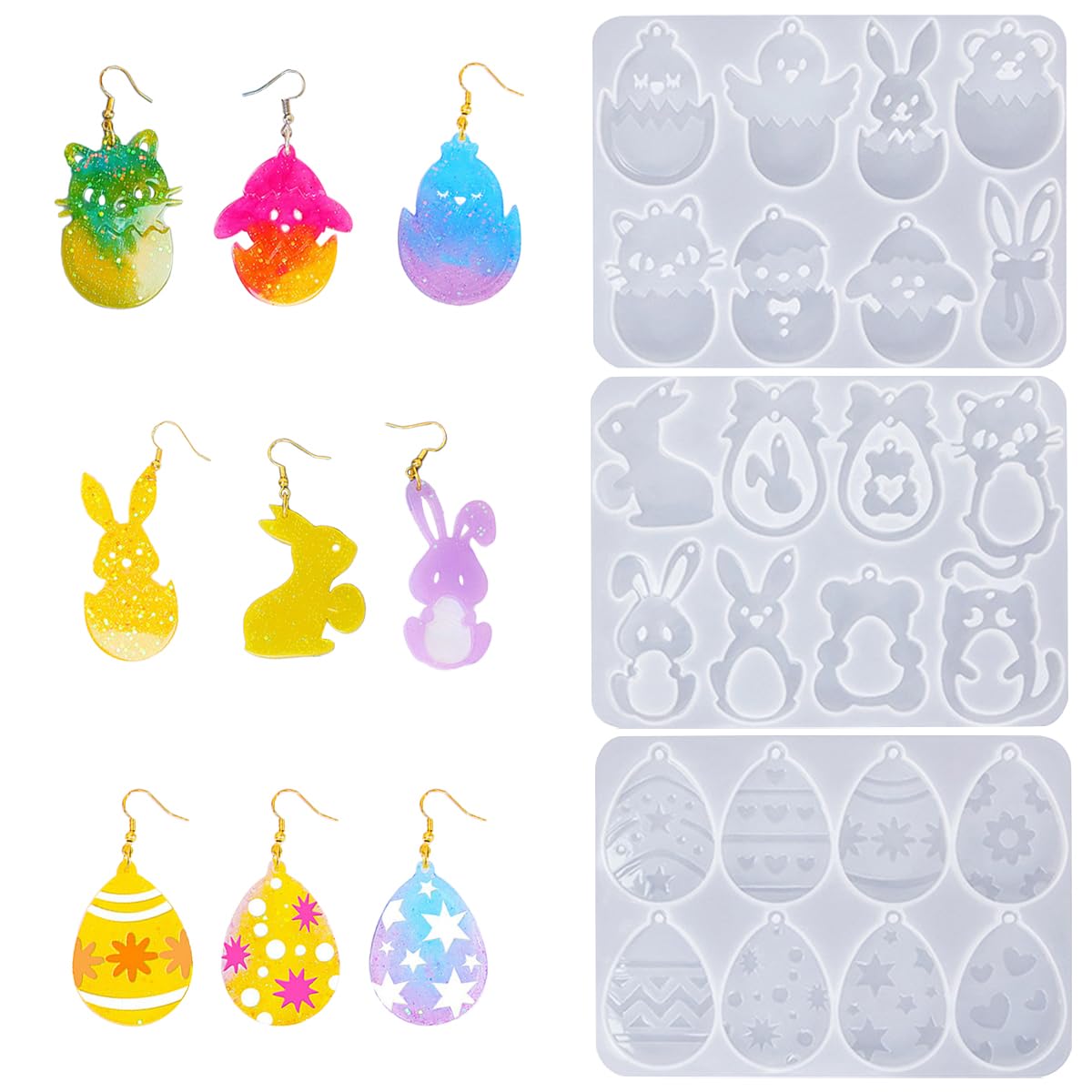 3 Pcs Easter Resin Molds Silicone Bunny Mold Easter Egg Mold, for Keychain, Earring, Jewelry, DIY Crafts, Holiday Party Decorations