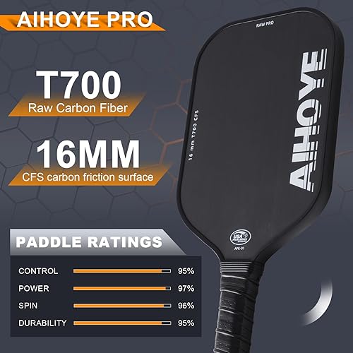 Miniatura 6 de Aihoye Palas de pickleball PRO - Superficie texturizada de fibra de carbono cruda T700 (CFS) con alto grano y giro, paletas de pickleball con núcleo