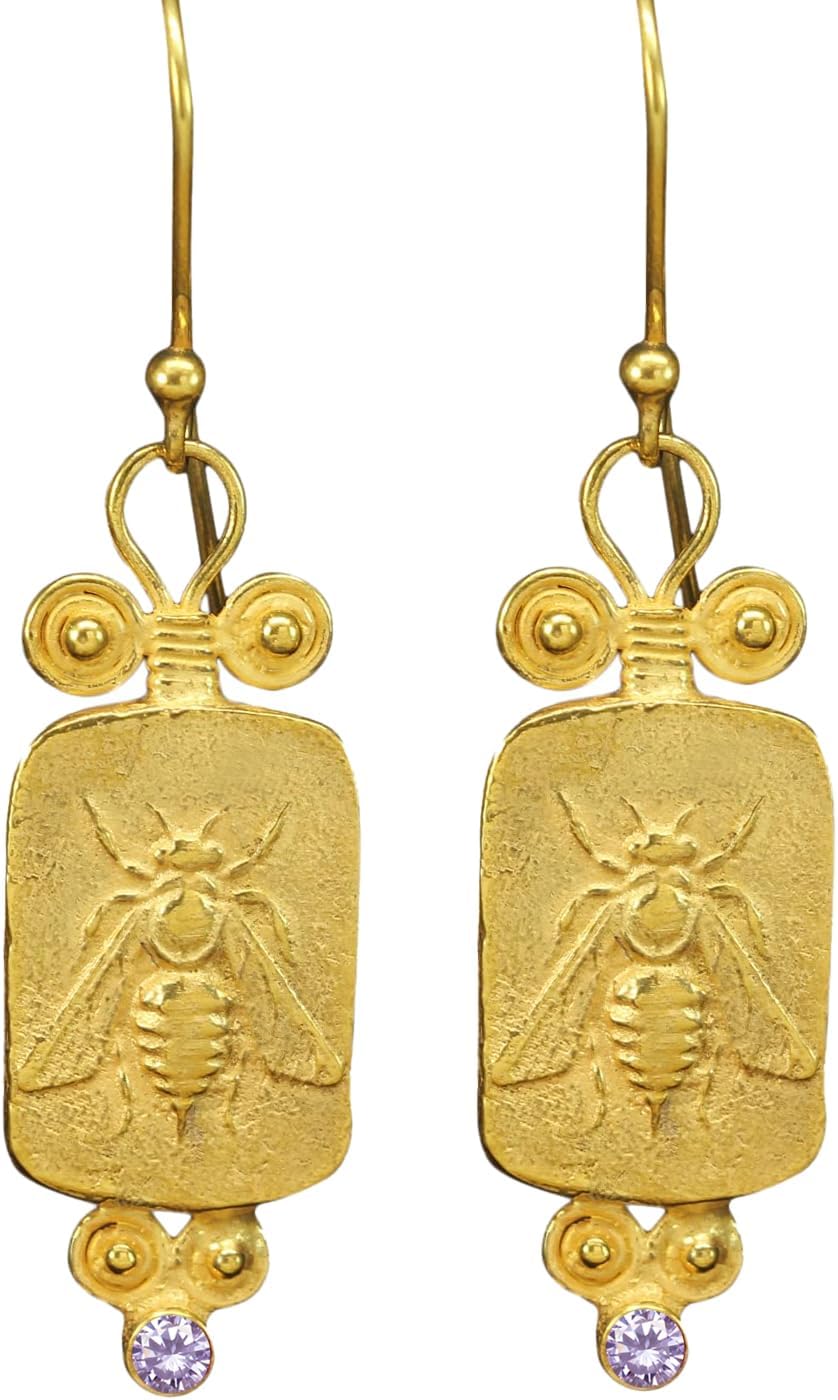 925 Sterling Silver Earrings Ancient Artemis Greek Queen Honey Bee Coin 24K Gold Vermeil Cubic Zirconia Bumblebee Dangle Drop Earrings for Women Turkish Fine Jewelry