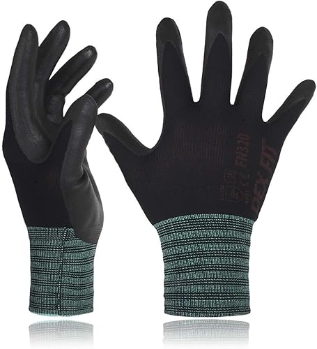 DEX FIT FN320 - Guantes de trabajo de nitrilo, ajuste elástico 3D, agarre de potencia, recubierto de espuma resistente, fino y ligero de nailon