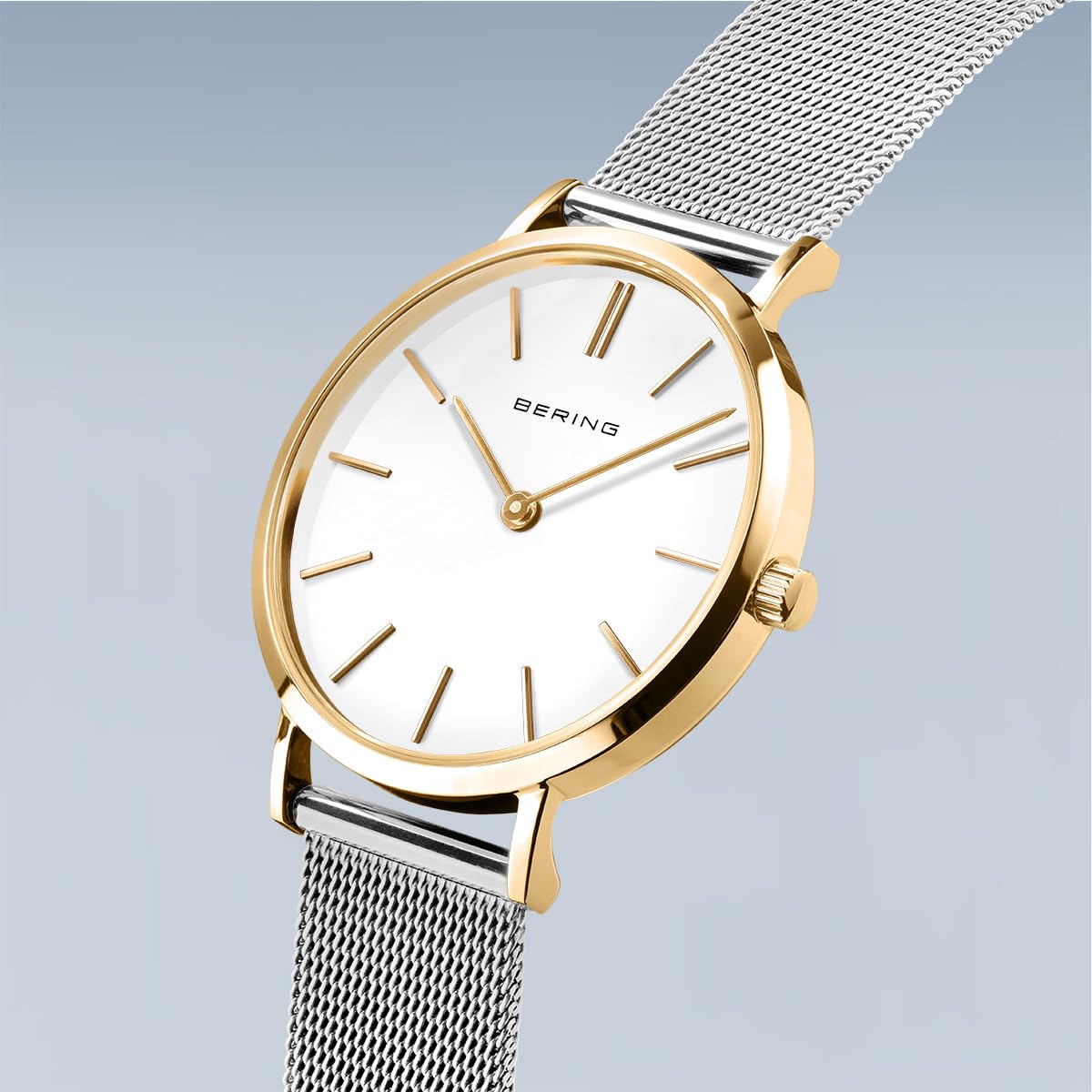BERING Damski zegarek kwarcowy, zegarek na rękę, 34 mm, złota koperta ze stali nierdzewnej i biały cyferblat, bransoleta mediolańska, szkło szafirowe, 3 ATM, 14134-010