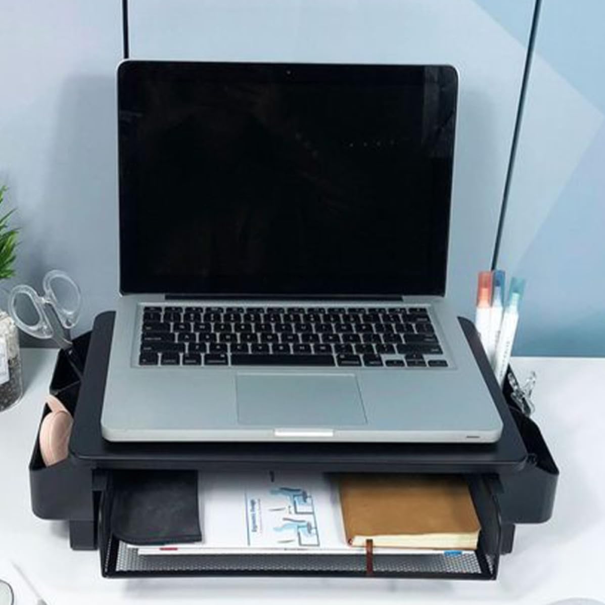 CALLARON Soporte para Monitor, Estante Elevado para Computadora Portátil, Hierro, Panel de Malla Orificios, Negro, Capacidad de Carga Máxima 20kg, Protege las Vértebras Lumbares