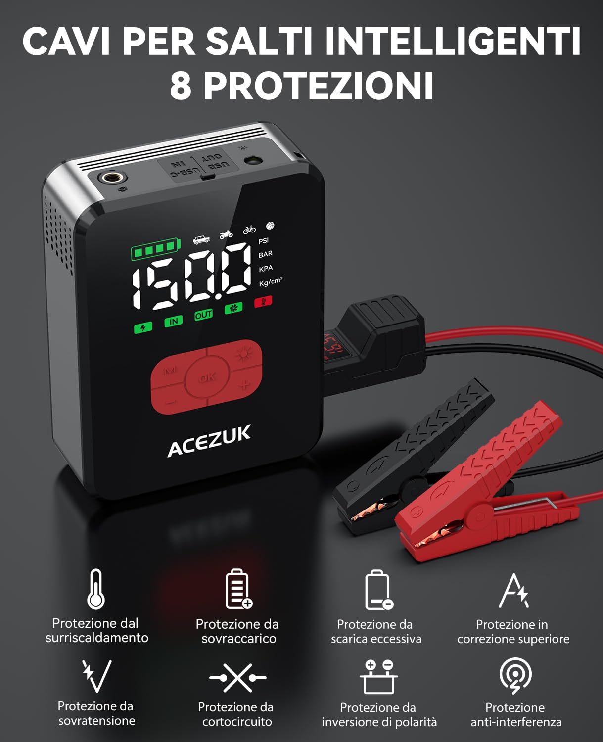ACEZUK Avviatore Batteria Auto 8000A &150PSI, Avviatore Emergenza per Auto/Moto con Compressore 12V（Tutti Gas o 12L Diesel）600LUMEN LED/3.4"LCD