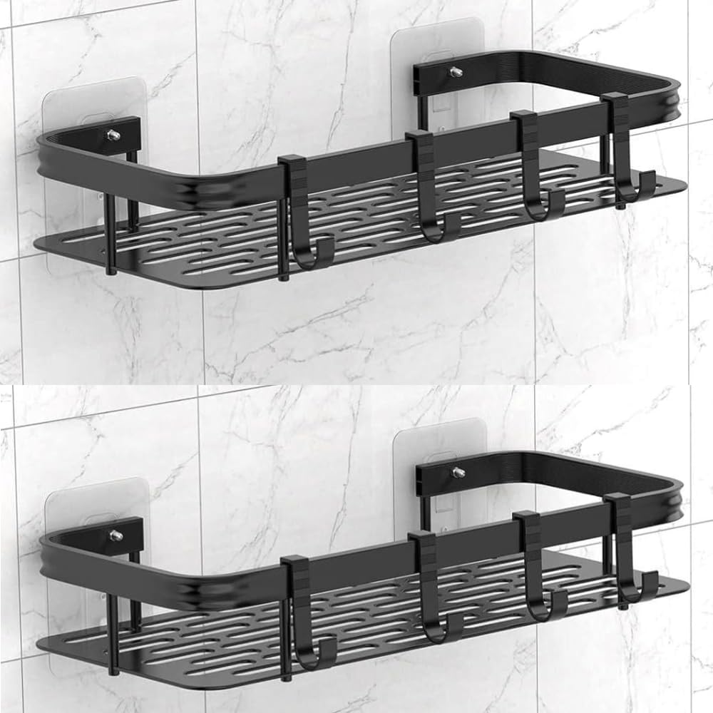 Black ‎Aluminum Shelf Adhesive Bathroom Shelf/Bathroom Accessories/Bathroom Shelf for Wall Self Adhesive/Stickers, Screw for Bathroom & Kitchen Organized Storage (Pack of 2)
