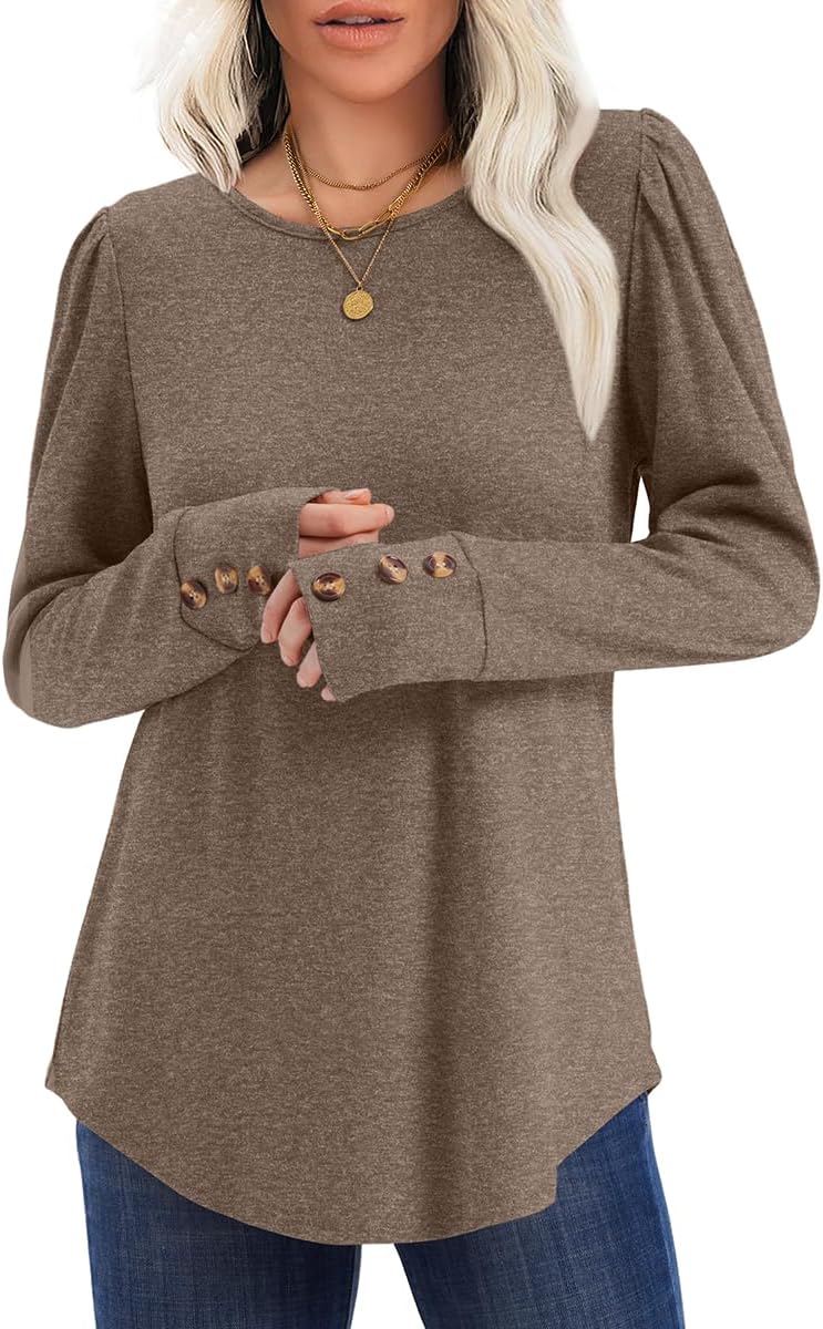 OFEEFAN Long Sleeve Shirts for Women Blouses Dressy Casual Womens Sweaters Puff Sleeve Fashion Clothing Tops with Buttons - Image 4