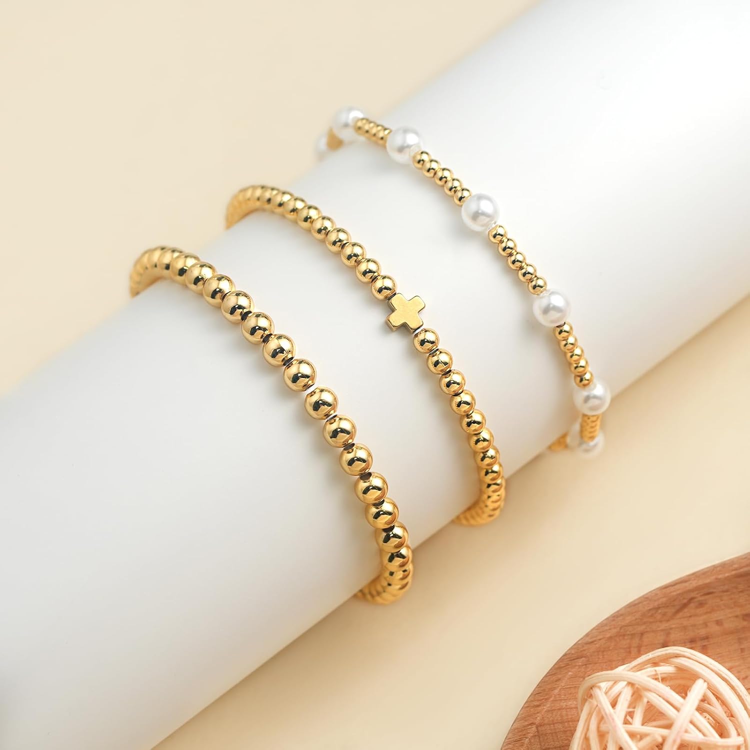 Gold Beaded Pearl Bracelets for Women 18k Gold Plated Stretch Stackable Cross Bracelets Boho Christian Jewelry Gifts - Image 7