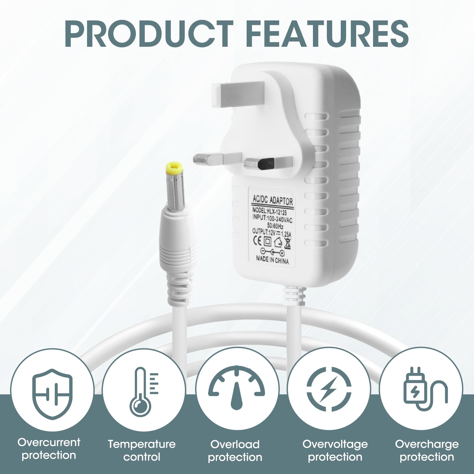 12V 1.25A 15W Power Supply Charger, Compatible with Echo Dot (5rd/4th/3th Gen) 4.0 * 1.7mm Power Cable, Echo Dot with Clock (5rd/4th/3th Gen) Adapter Charger (White) — view 6